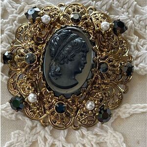 Vintage Made in West Germany black Aurora Borealis cameo Victorian revival.